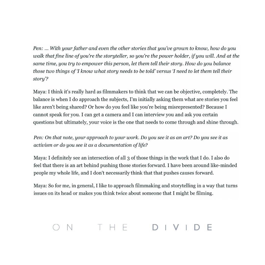 One of the directors of ON THE DIVIDE, Maya Cueva, was interviewed by <a href="/KQED/">KQED</a> about the film and how she approaches documentary filmmaking. #onthedivide

kqed.org/arts/13915669/…