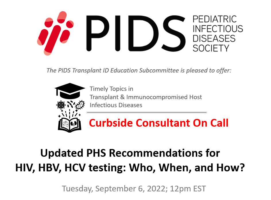 Hey @PIDSociety - join a 🔥 TID Curbside Consultant on Call session 2morrow @⏰noon EST. Join @taylorhealdme chatting with our expert @mg_michaels re: updated PHS recs for testing peri-SOT 🫀🫁🫘! Check your PIDS email to register & come learn some #pedsTID together! 🤓📚