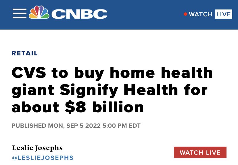 CVS buys Signify Health to shore up risk adjustment (e.g., annual wellness visits).

Incredible how much money is flowing into Medicare Advantage, directly and indirectly.