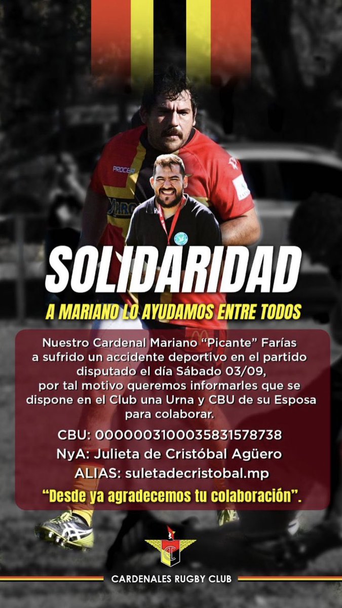 🚨DIFUNDIR🚨 
Mariano Farias, jugador de Cardenales Rugby Club.
Sufrió una muy grave lesión cervical.
(Doble fractura en una vértebra, fisura en otra vértebra, y se cortó tendones y ligamentos de la cervical)
Necesitamos ayuda de toda la comunidad del rugby y del deporte💪🏻
Rt🙏🏻🙏🏻