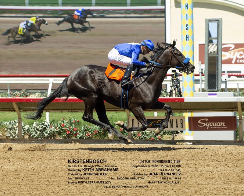 sadlerracing's tweet image. Kirstenbosch took the win in race 2 today @DelMarRacing #sadlerstyle #wiretowire Congrats to our amazing owner and breeder  Keith Abrahams.
And a huge thank you to our team! @johnwsadler @JuanLeyva1984 @NathalieDarley