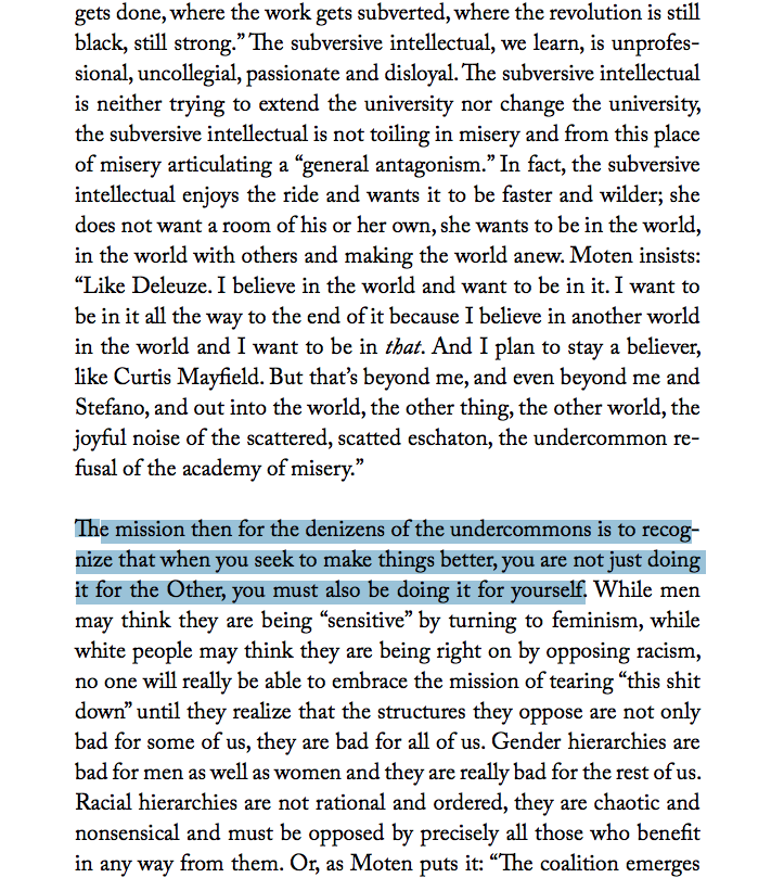 tmccormick's tweet photo. "The mission then for the denizens of the #undercommons is to recognize that when you seek to make things better, you are not just doing it for the Other, you must also be doing it for yourself."
—Stefano & Moten. The Undercommons https://t.co/nEdu5xgQWG in Intro by
@Odo86700462 https://t.co/iNKQClDnjh