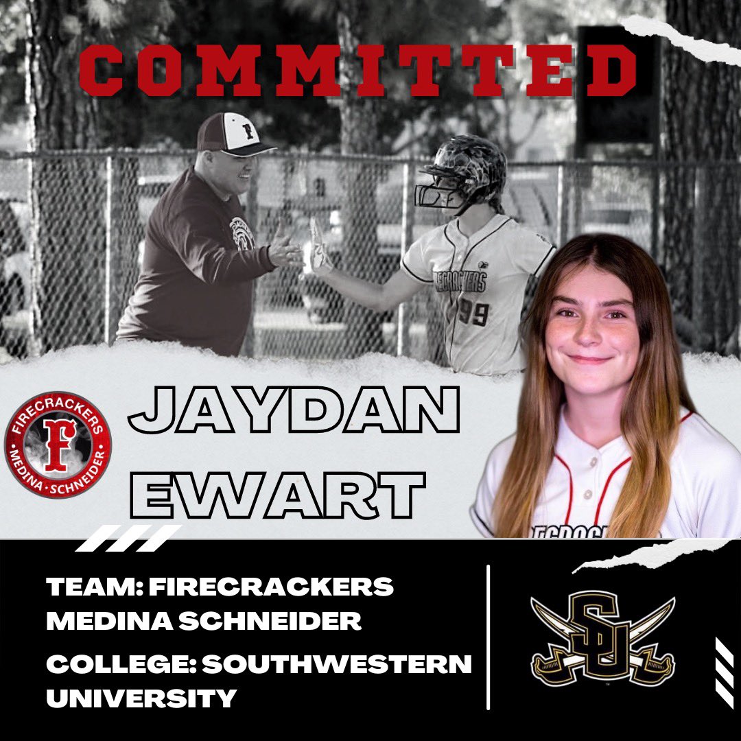 2023Schneider's tweet photo. 💥COMMITMENT ALERT💥
Firecrackers Medina Schneider is proud to announce that Jaydan Ewart @jaydanewart 
has verbally committed to continue her academic and softball career at Southwestern University. 
Keep working hard Jaydan. We all so very proud of you. @SUPiratesSB https://t.co/5L9sLx1LMJ