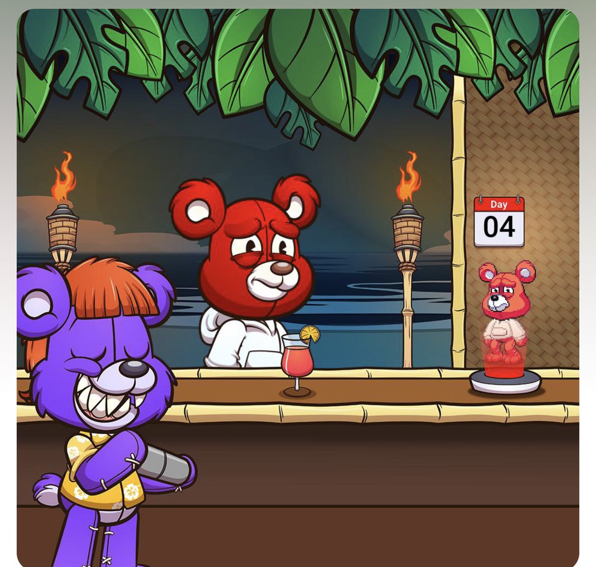 MarcusMatile's tweet photo. Who does this just for staking !!?? @killabearsnft does . Most project lock your nft in a wallet or “vault” and you see them no more. Not here . We out here grabbin dranks w the fam at the tiki bar . Every day is an adventure here . #killablaze https://t.co/IDlQ2tcSMW