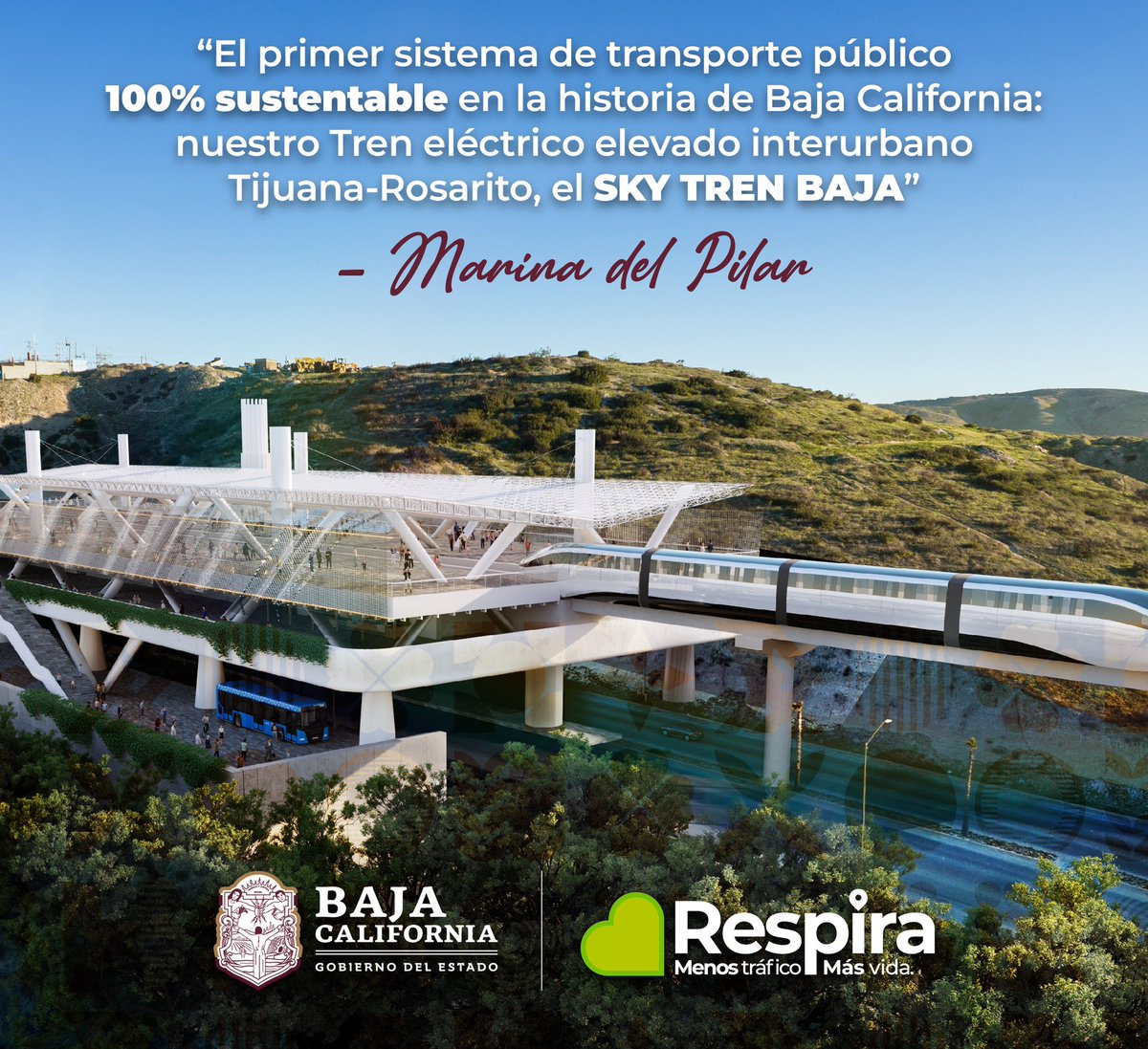 Es hora de elevar el nivel del sistema de transporte en Baja California, ¡para que puedas pasar menos tiempo en el tráfico y más horas con tu familia! El Sky Tren Baja Tijuana – Rosarito será el primer transporte público 100% sustentable en la historia de nuestro estado.  💚🚝