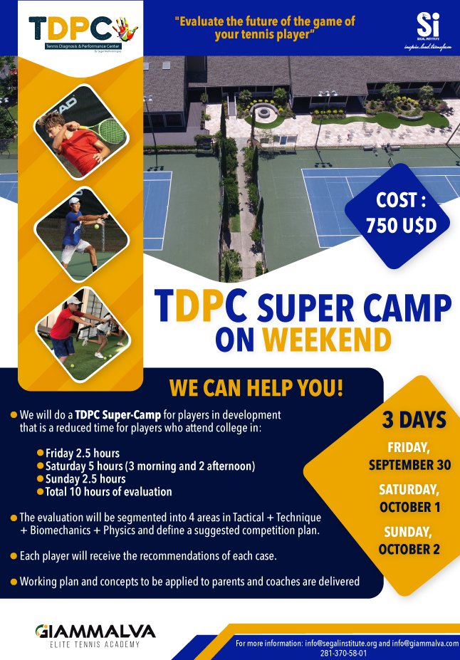 Conoce el TDPC Super Camp 

TDPC Super Camp on Weekend, está destinado a jugadores que por cuestiones escolares no pueden asistir al campamento de evaluación tradicional. Por lo que se destinarán evaluaciones en un un total de 10hrs. 

📅30sept - 2oct

✉info@segalinstitute.org