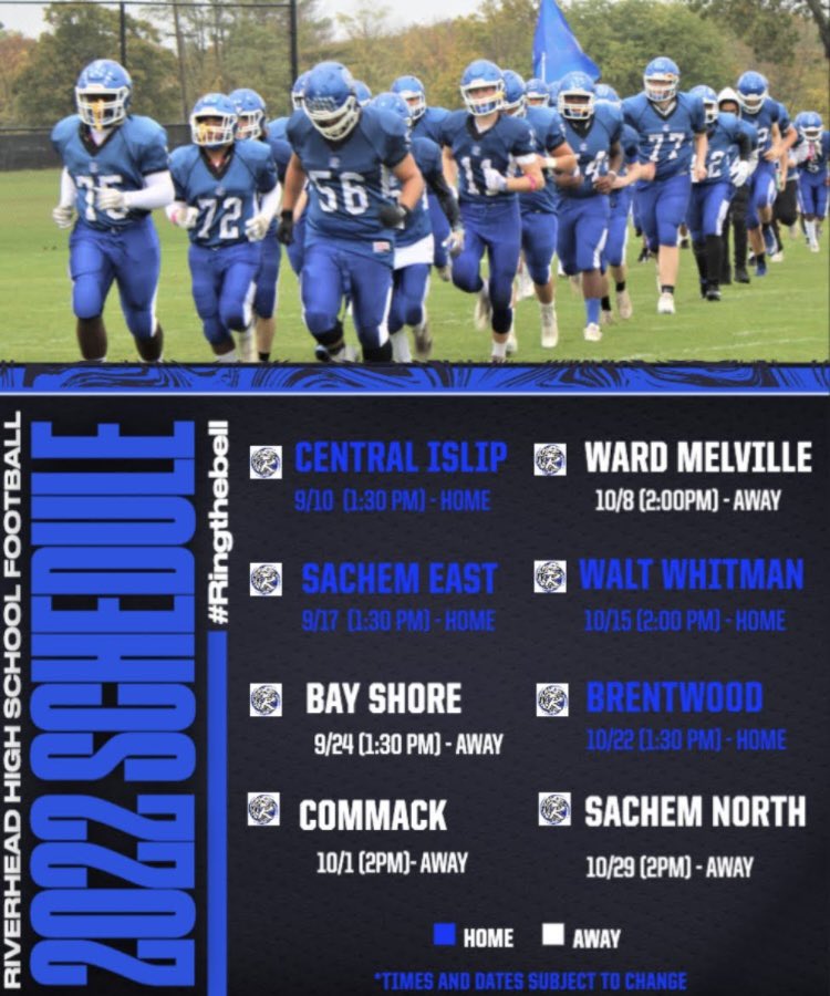 Riverhead_FB's tweet photo. 2022 Riverhead Blue Waves Football Schedule!  We appreciate all that come down and support.  Remember that dates and times are scheduled to change so please check back weekly for updates #riverheadfootball #gobluewaves #ringthebell https://t.co/h0pWDQAHfT