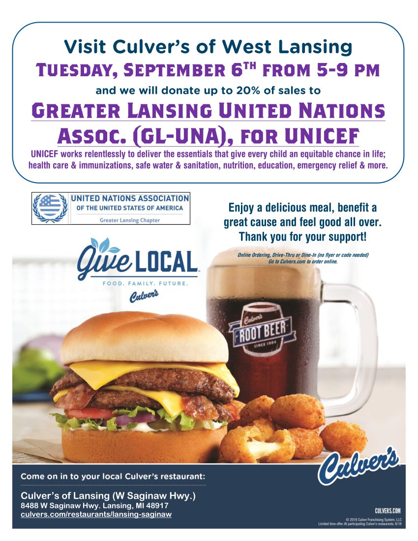LansingUNA's tweet photo. Join @LansingUNA at the West Lansing Culver's tomorrow! 20% of sales between 5pm-9pm on Sept 6th will be donated to @UNICEF. Good meal, great cause! #peacequest https://t.co/VNA0acHhaz