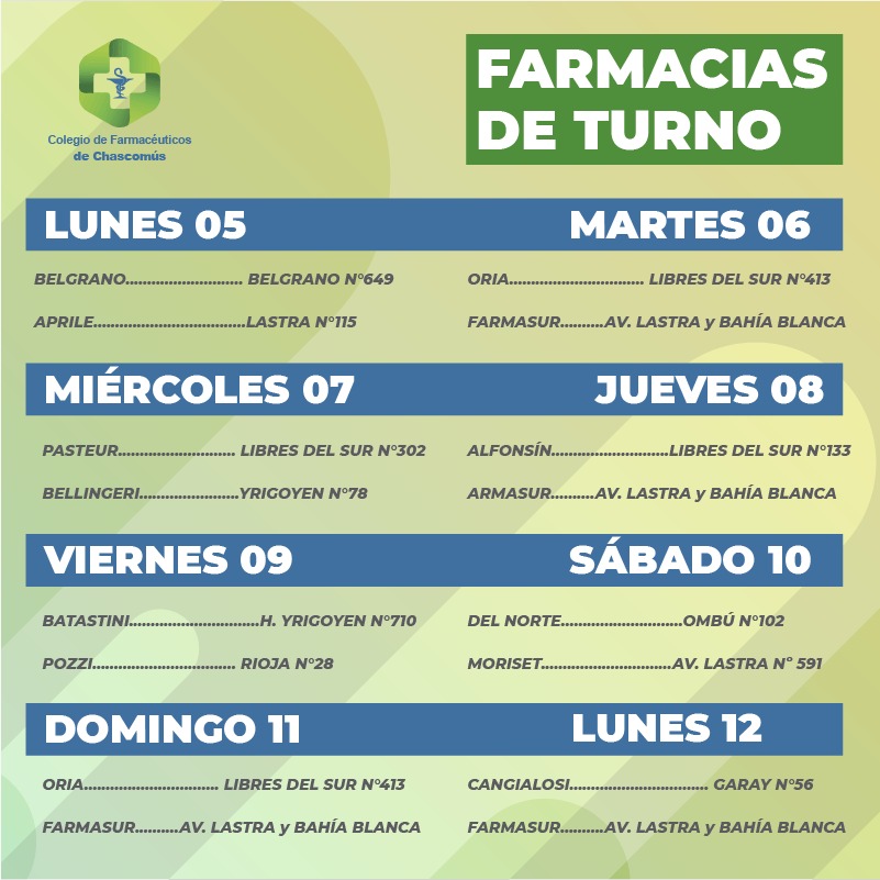 colfarchascomus's tweet photo. ⚠️TURNERO DE LA SEMANA
⚕ Farmacias de turno en Chascomús.
👉del 5 al 12 de septiembre (desde las 8.30 hasta las 8.30 del otro día)
.
.
.
.
.
.
.
#Farmacias #FarmaciasdeTurno #Turnero #Guardias #FarmaciasdeGuardia #Chascomús #medicamentosgenéricos https://t.co/IiZkLETYJv