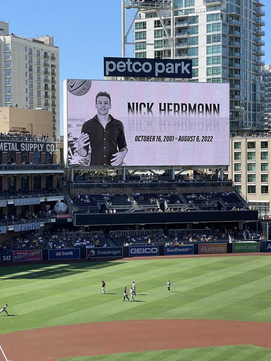Padres honor former Torrey Pines HS basketball star Nick Herrmann as part of kids’ cancer tribute before game.