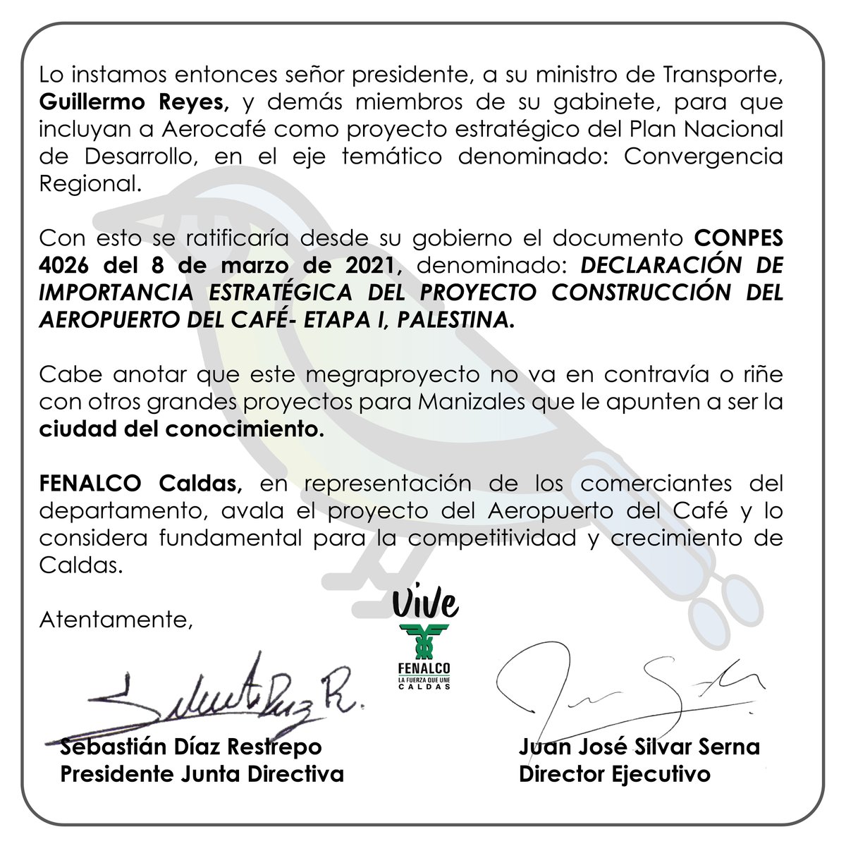 FenalcoCaldas's tweet photo. #aerocafe Desde FENALCO Caldas compartimos una carta pública dirigida al Presidente @petrogustavo, donde dejamos claro el compromiso que tenemos  como gremio por sacar adelante el @Aerocafeoficial 
@juansilva82 
@LuisCarlosGober @MinTransporteCo @juanacarolinaco @GuidoEcheverri https://t.co/L2uJLtcDtH