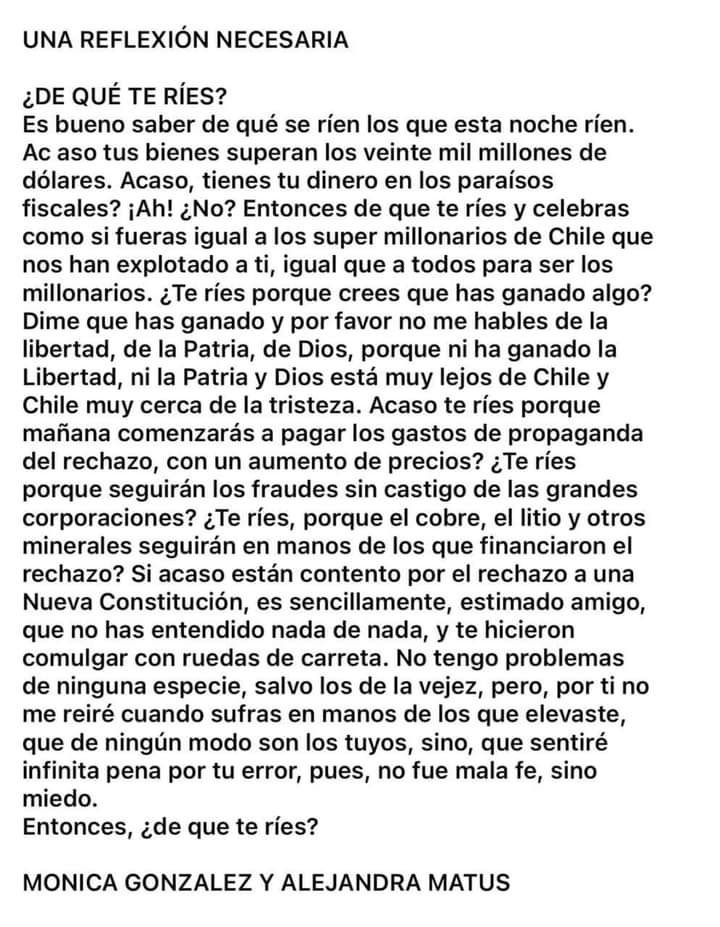 alejandramatus's tweet photo. Anda circulando este texto, que se me atribuye en coautoría con Mónica González. Y no, no lo escribí, ni lo suscribo. Sería lindo que el autor o autora salga del escondite y asuma su escrito. Opinar es libre y siempre es bueno conocer a quien lo hace. https://t.co/NinqLvgWNr