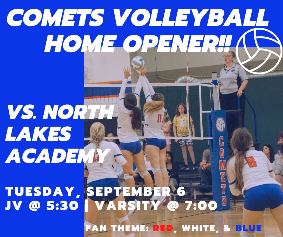 KCS_Comets's tweet photo. Comets Volleyball first home game of the season is tomorrow night (Tuesday)!!
Come out and support the Lady Comets! https://t.co/UC1TPE78xp