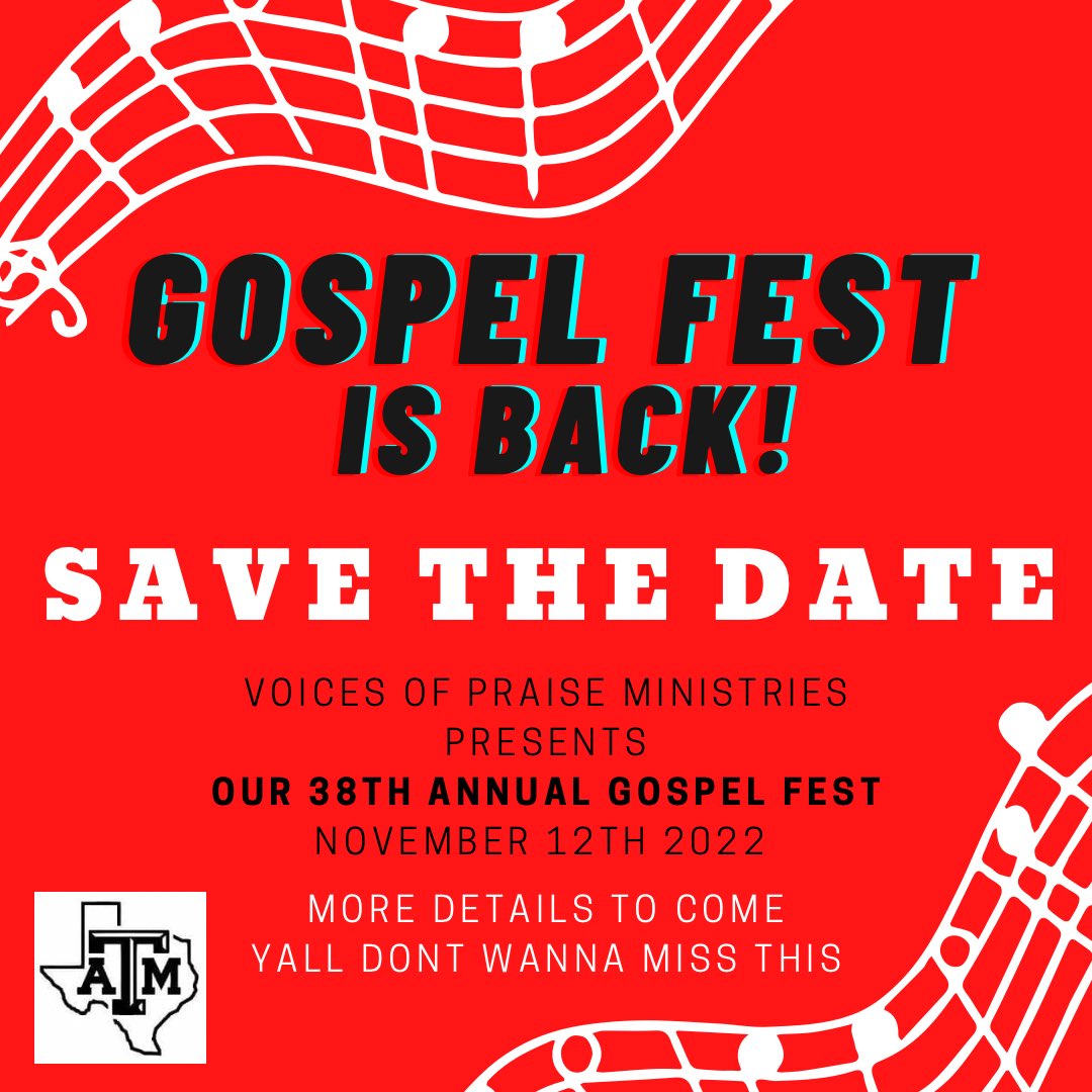 VOPTAMU's tweet photo. Hey y’all it’s official, Gospel Fest is back! More details on the way, so stayed tuned!
Y’all don’t wanna miss this!
#GFEST2022 #voptamu #gospelfest #vop https://t.co/1c0107zvcf