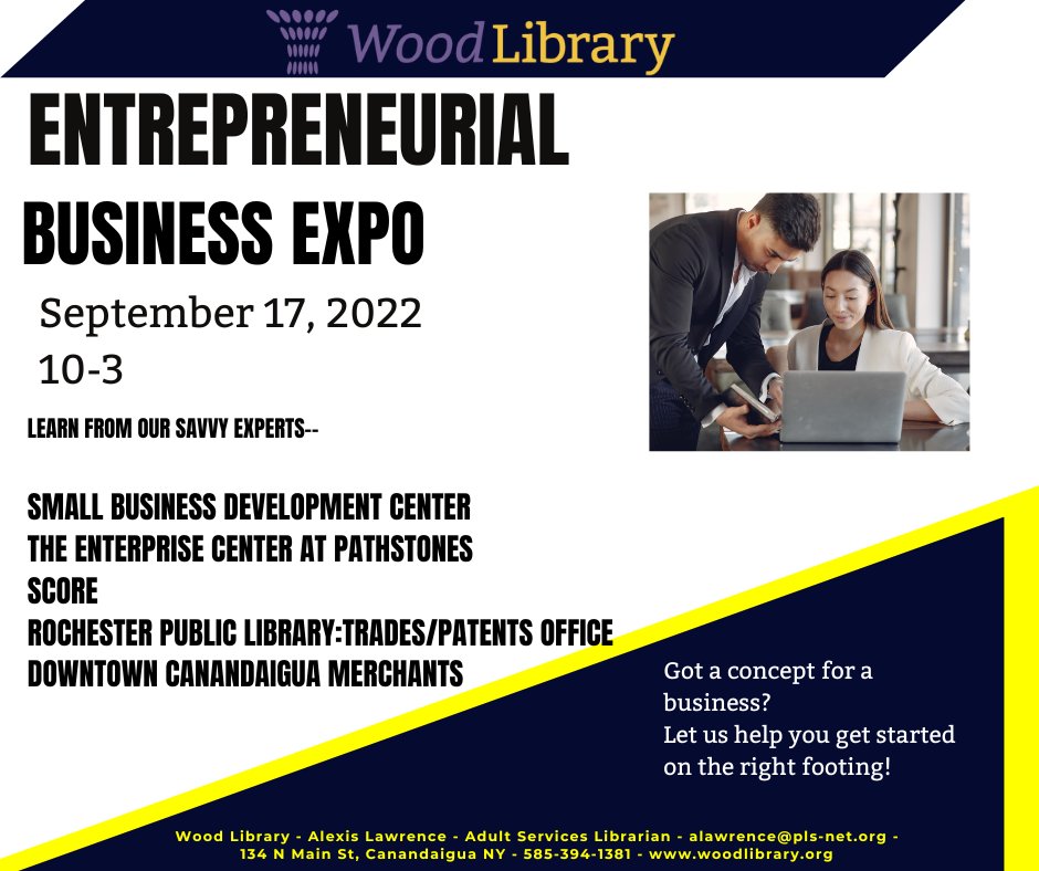 Wood_Library's tweet image. Got a business concept you want to explore?  Our savvy experts can help.  Learn from and meet with panelists from: @nysbdc @RocCityLibrary :office of Trades and patients @downtowncdgamerchant @TeCpathstone @SCOREROC23 
Free &amp;amp; Open to the public. Sept 17,  10-3pm