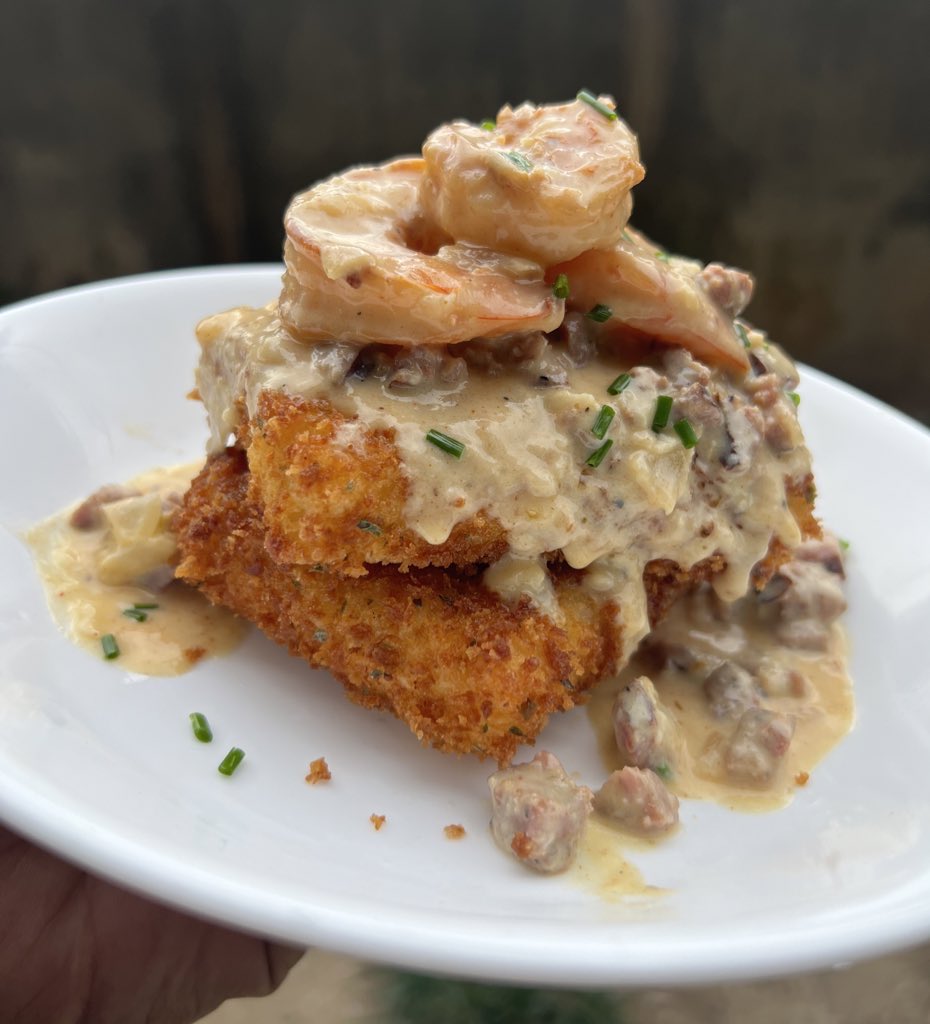 Shrimp and Fried Grit Cakes w/ Sausage Gravy