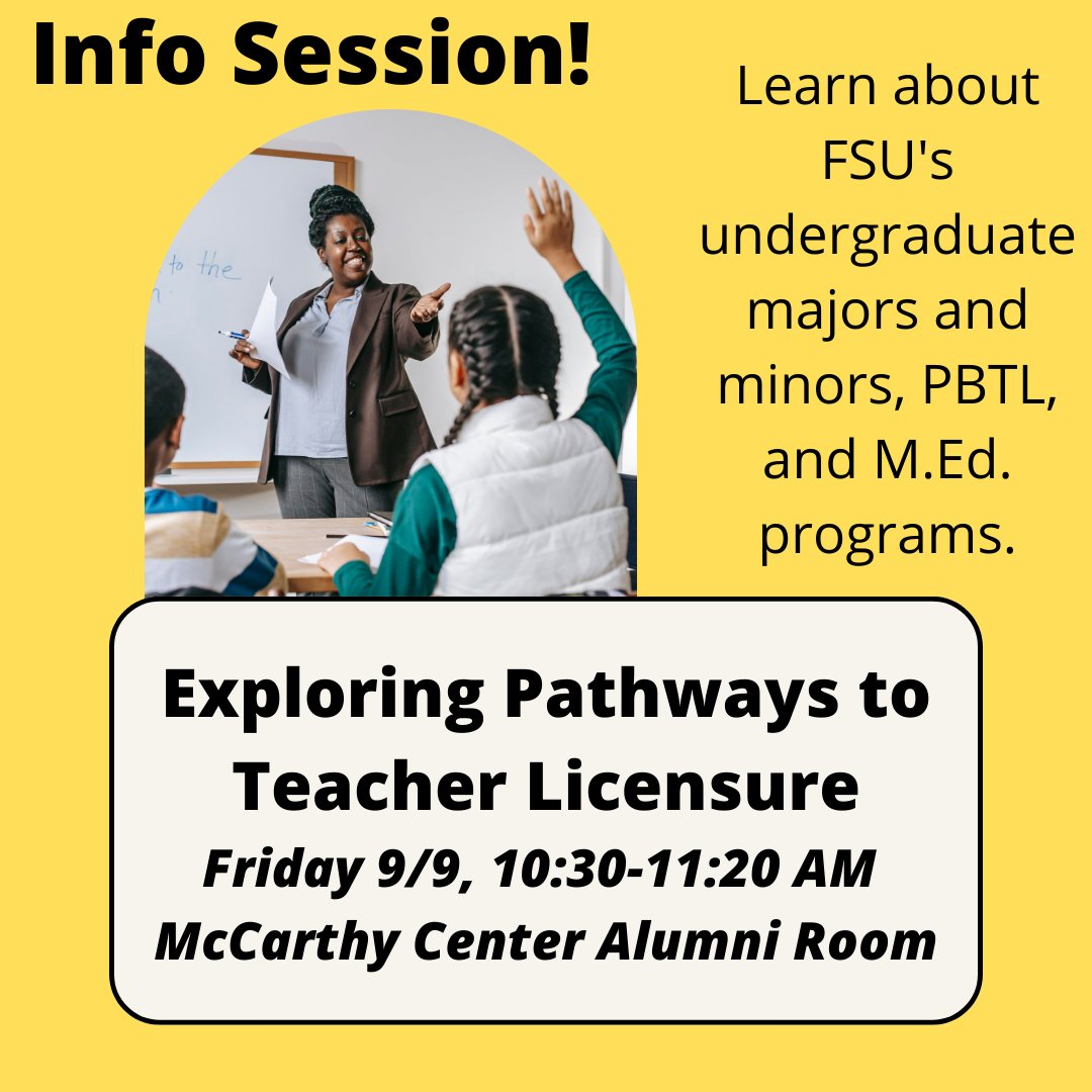 educationfsu's tweet photo. Become a #futureteacher! Consider your options in our undergraduate, post-baccalaureate, and Master of Education programs. Info session Friday September 9th, 10:30-11:20 AM, in the McCarthy Center Alumni Room. Explore all programs at the link in our bio (https://t.co/zghkVLAdwq) https://t.co/5JSZjBg0St