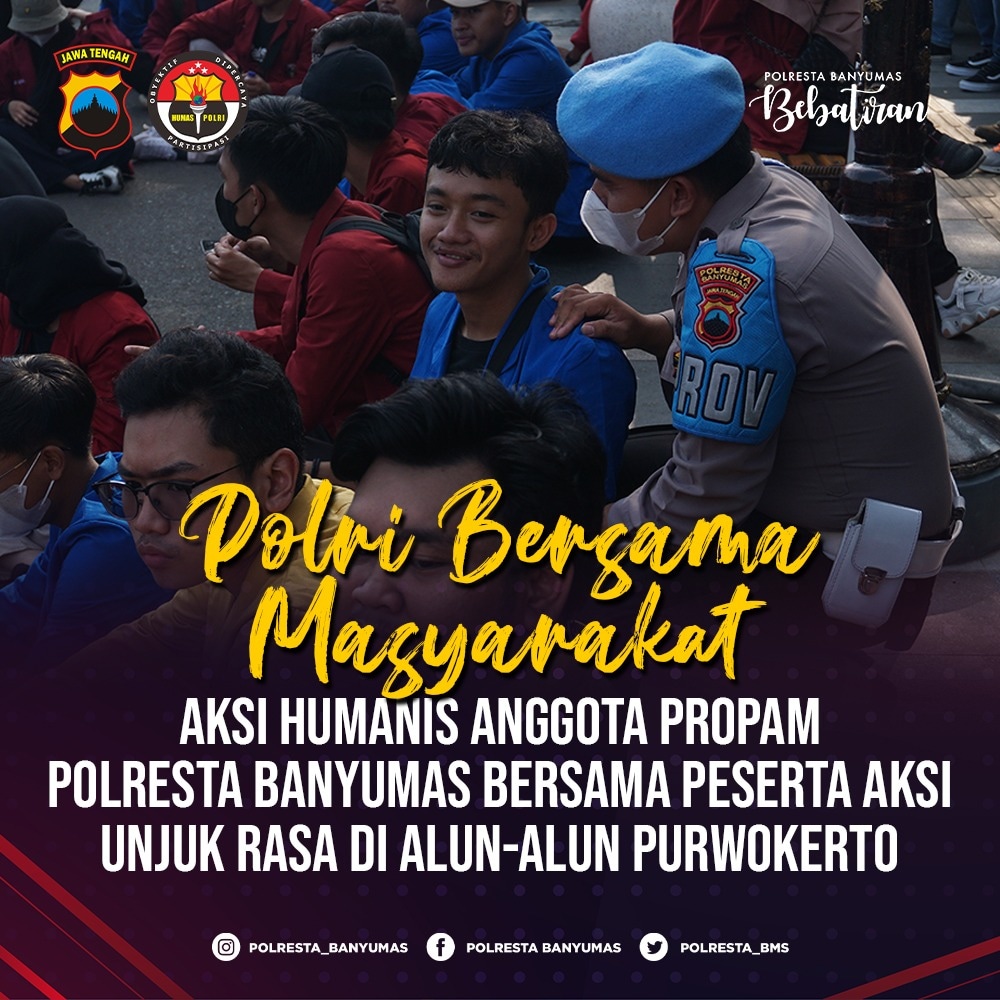 hendry_0904's tweet photo. Polri selalu hadir untuk masyarakat. 

Aksi humanis anggota Provos Polresta Banyumas dalam mengawal peserta aksi demo di alun-alun Purwokerto 👮

@kapolresta_banyumas 
@humas_poldajateng 
@divisihumaspolri 
@resmob_polresta_bms_99

#polrestabanyumasbebatiran #polrestabanyumas https://t.co/dEz7UKJS3B