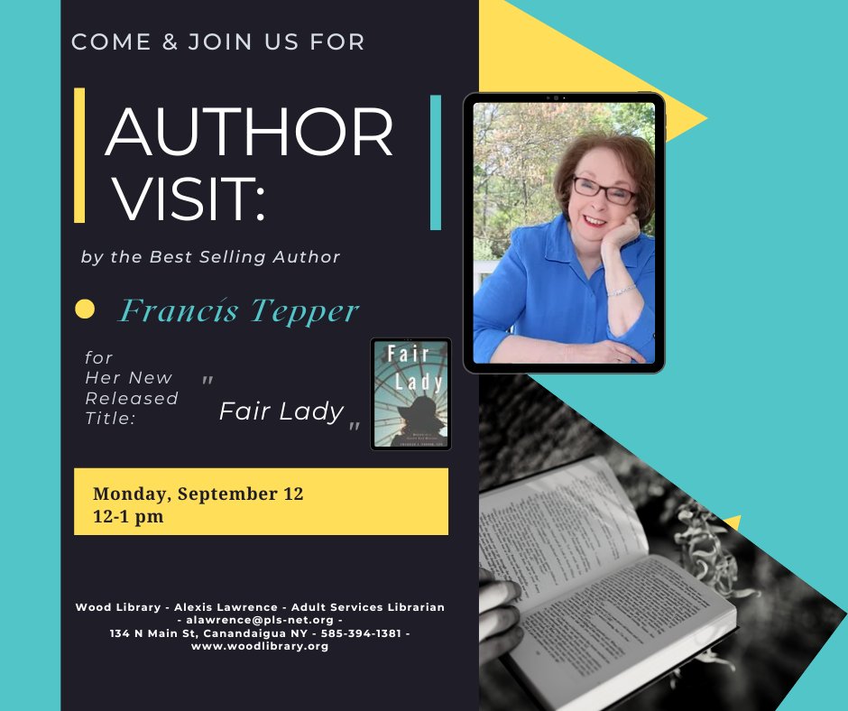 Wood_Library's tweet image. We are excited to have local author Francis Tepper join us Monday, September 12 @ Noon for this free reading of her Memoir "Fair Lady: Memoirs of a County Fair Manager". "Fair Lady" is written with humor, candor, and lots of teachable moments about an unusual life of Ms. Tepper.