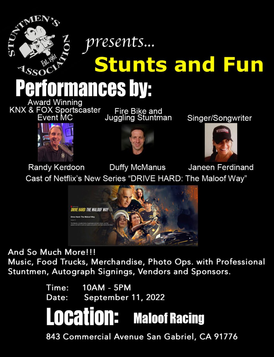 stuntsandfun's tweet photo. Check out todays @ezwaybroadcast interview with @sammymaloof Star of Netflix’s new Series #DriveHardTheMaloofWay &amp; MEET him and his family THIS SUNDAY at our SEPT 11 #StuntsandFun #charityevent  honoring #SanGabrielValley #FirstResponders 🇺🇸 https://t.co/snPyAFMTtn https://t.co/gfMmMvRSAQ