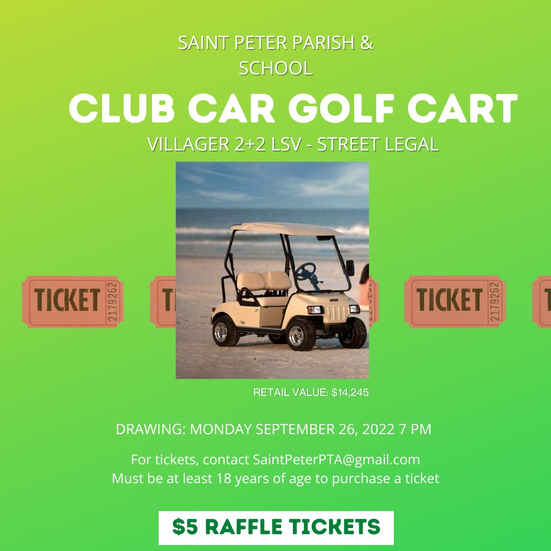 StPeterSchool's tweet photo. Make this NEW Club Car Golf Cart yours.
In-person purchases can happen weekly at Shore House in Pt. on Friday nights and every Sunday outside of church. We will also have a table at Brielle Day and the Seafood Festival.
Enter for a chance to win! ππ»
#SPSPride π https://t.co/KnSuRJhndu