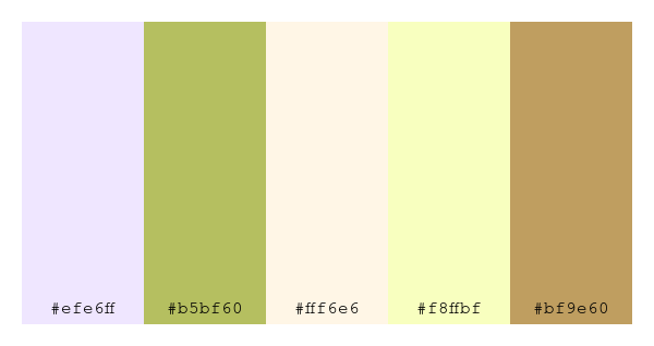 ColPaletteBot's tweet photo. Beep beep, here's a pretty color palette for you!
color-scheme.js parameters used:
- hue: 278
- variation: light
- colors: #efe6ff, #b5bf60, #fff6e6, #f8ffbf, #bf9e60
Have a lovely evening!
#twitterbot #colorpalette #colors #palette #prettycolors https://t.co/kBskoD3xdp