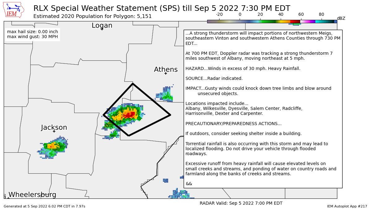 A strong thunderstorm will impact portions of northwestern Meigs, southeastern Vinton and southwestern Athens Counties through 730 PM EDT [wind: 30 MPH, hail: 0.00 IN] mesonet.agron.iastate.edu/p.php?pid=2022…