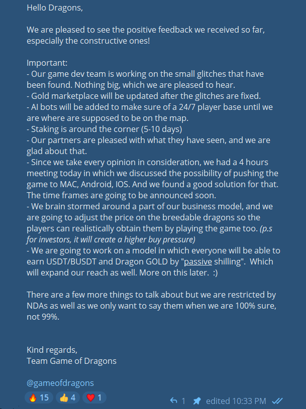 Game_of_Dragons's tweet photo. 🔥 Update 🔥 

Bullet points:
- Small glitches
- Gold Marketplace
- AI Bots
- Staking
- Partners
- #MAC, #IOS, #ANDROID
- Breeding Dragons
- Passive rewards

Telegram: https://t.co/EvlVGFEYJc

@cz_binance

#gameofdragons #shib #shiba  $TSUKA #shibarium #etherum #bone https://t.co/WPO5RvyfGV