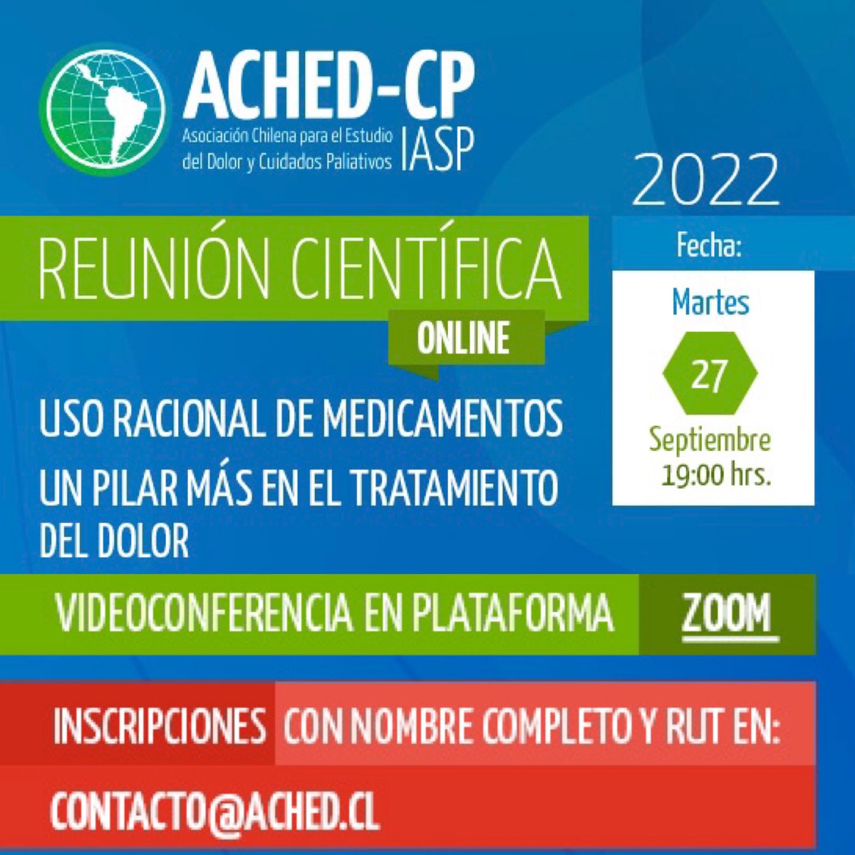 AchedCp's tweet photo. 🤓 [REUNIÓN CIENTIFICA ON LINE] 👀

👉 martes 27 de septiembre a las 19:00 horas.😉

“Uso Racional de Medicamentos: Un pilar más en el manejo del  dolor crónico”

Inscripciones con Nombre y RUT👇

📩 contacto@ached.cl ✅

#dolor #dolorcronico #cuidadospaliativos #chile #chile🇨🇱 https://t.co/7JEkVJPjSO