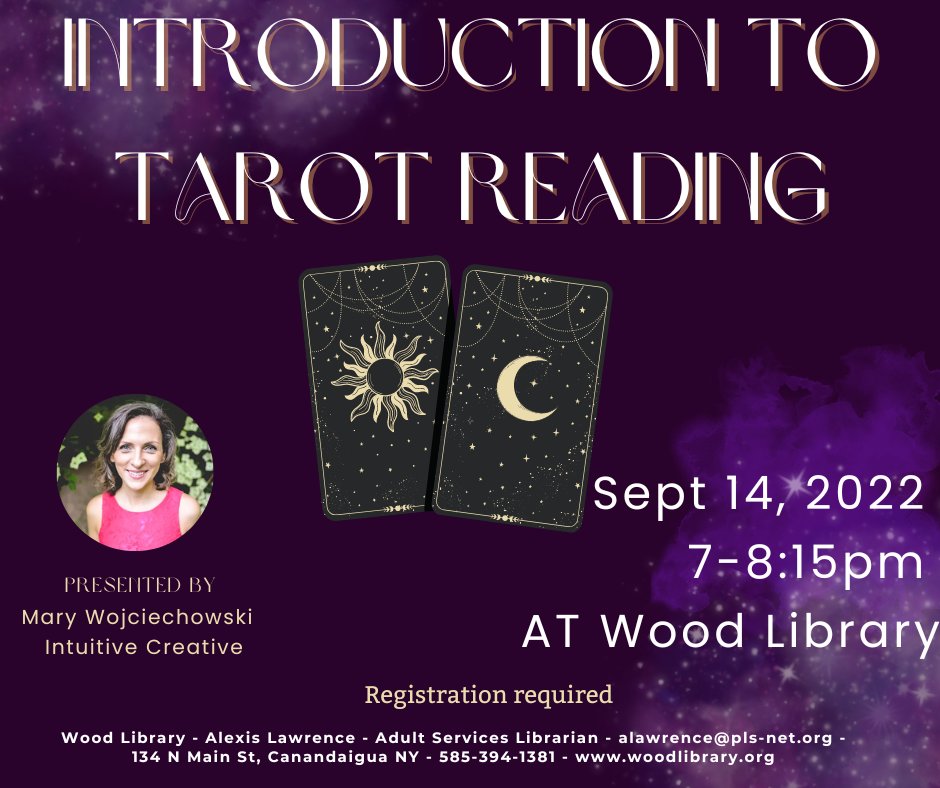 Wood_Library's tweet image. If you missed our last Introduction to Tarot reading class by Mary Wojciechowski  from Intuitive Creative. Join Mary Wednesday, September 14th at 7pm to learn about a brief history of tarot, how tarot works.
Registration required. Visit woodlib.org/tarot-reading