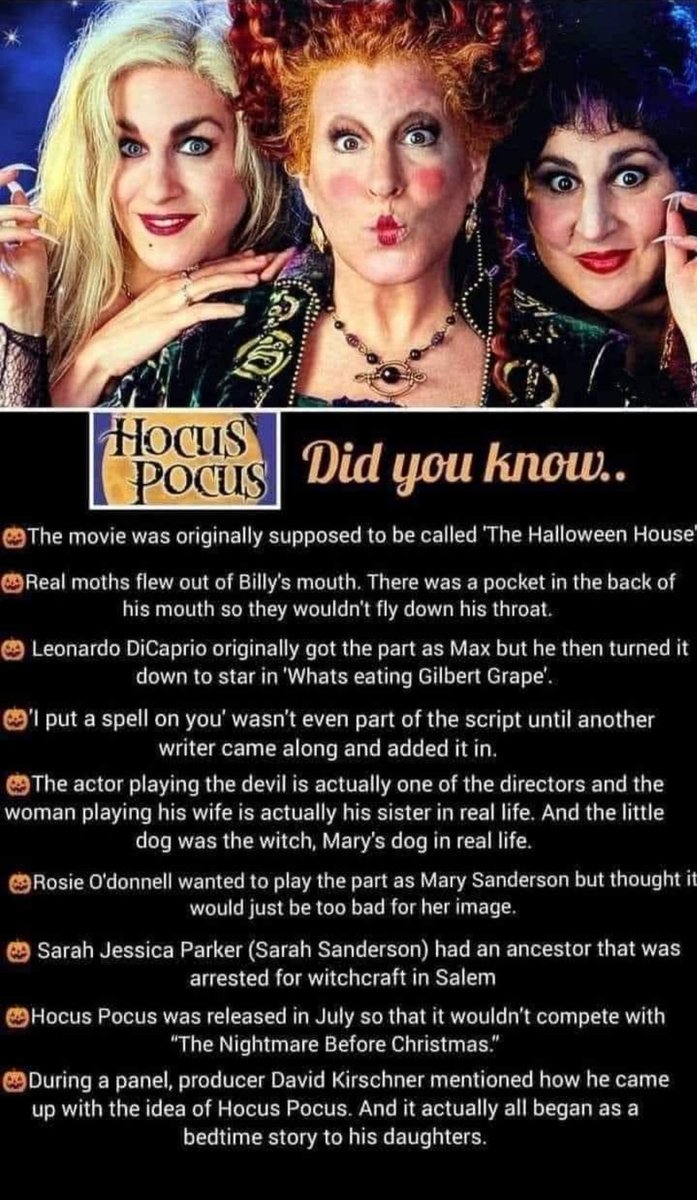 Disnerdette83's tweet photo. #HocusPocus #Disney #DisneyTrivia #DisneyFunFacts #DisneyTidbits #RandomDisney #DisneyPlus #BetteMidler #SarahJessicaParker #KathyNajimy https://t.co/dzKDFKJV3e