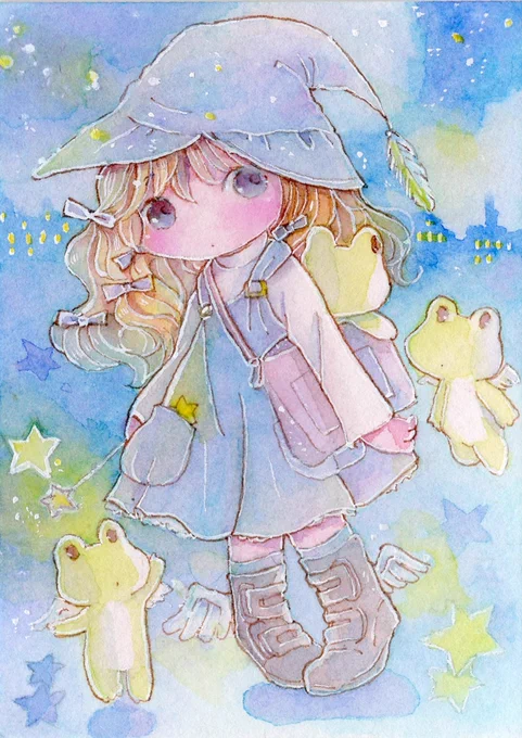 おはようございます。今日も良い日になりますように。星が綺麗にみえるのはこのこたちのおかげ『これからどこに行くの?』『星を綺麗に光らせる魔法のお勉強だって』 
