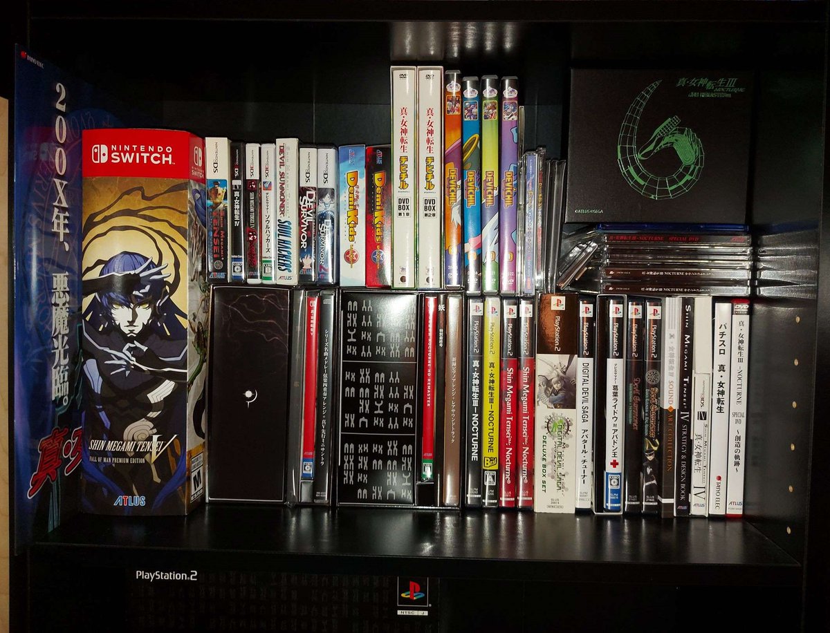 ShinMegamiTues's tweet photo. Today's #ShinMegamiTuesday will feature part of my #megaten collection~ They take up almost an entire bookshelf! This shelf has most of my games, some OST CD's, promo DVDs & my Devil Children anime collection~
#ShinMegamiTensei #SMT #AtlusFaithful #γ‘γ¬γγ³ #ηγ»ε₯³η₯θ»’η https://t.co/HzecjwfTVH