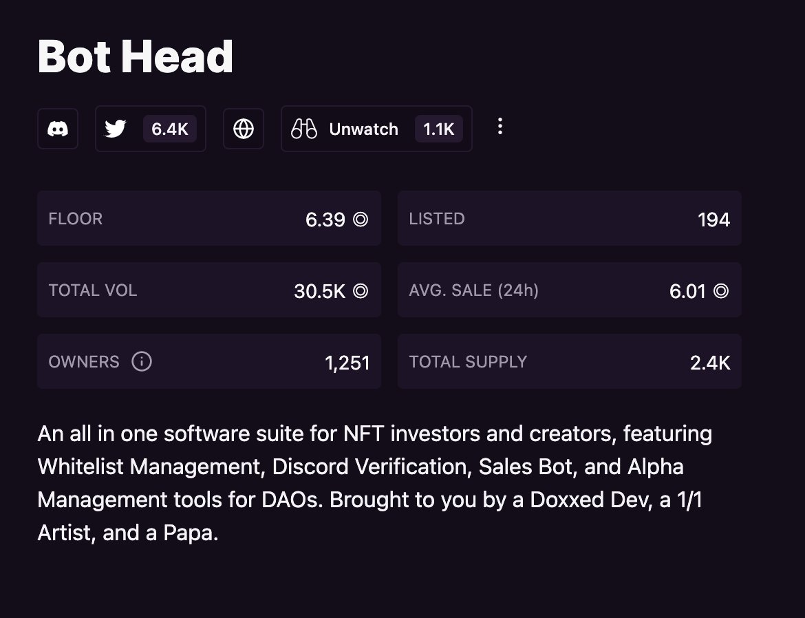 <a href="/Bot_Head_NFT/">Bot Head</a> listings under 200, floor looking nice and thin. 

Did someone say moon soon? 

Also 30k volume? G'damn