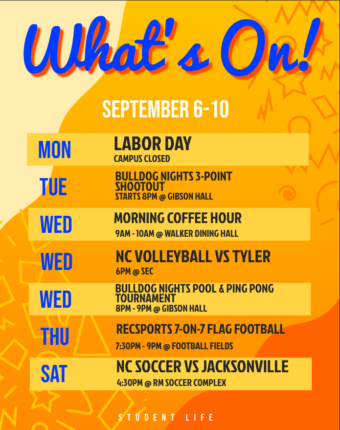 NC_SGA's tweet photo. Exciting and fun activities this week!
BSM - Tuesday Bible Study at 5:30pm &amp; Wednesday Free Lunch at 11am-1pm
UCF - Sunday Open House 6:30pm at the Wesley https://t.co/WPethMX71A