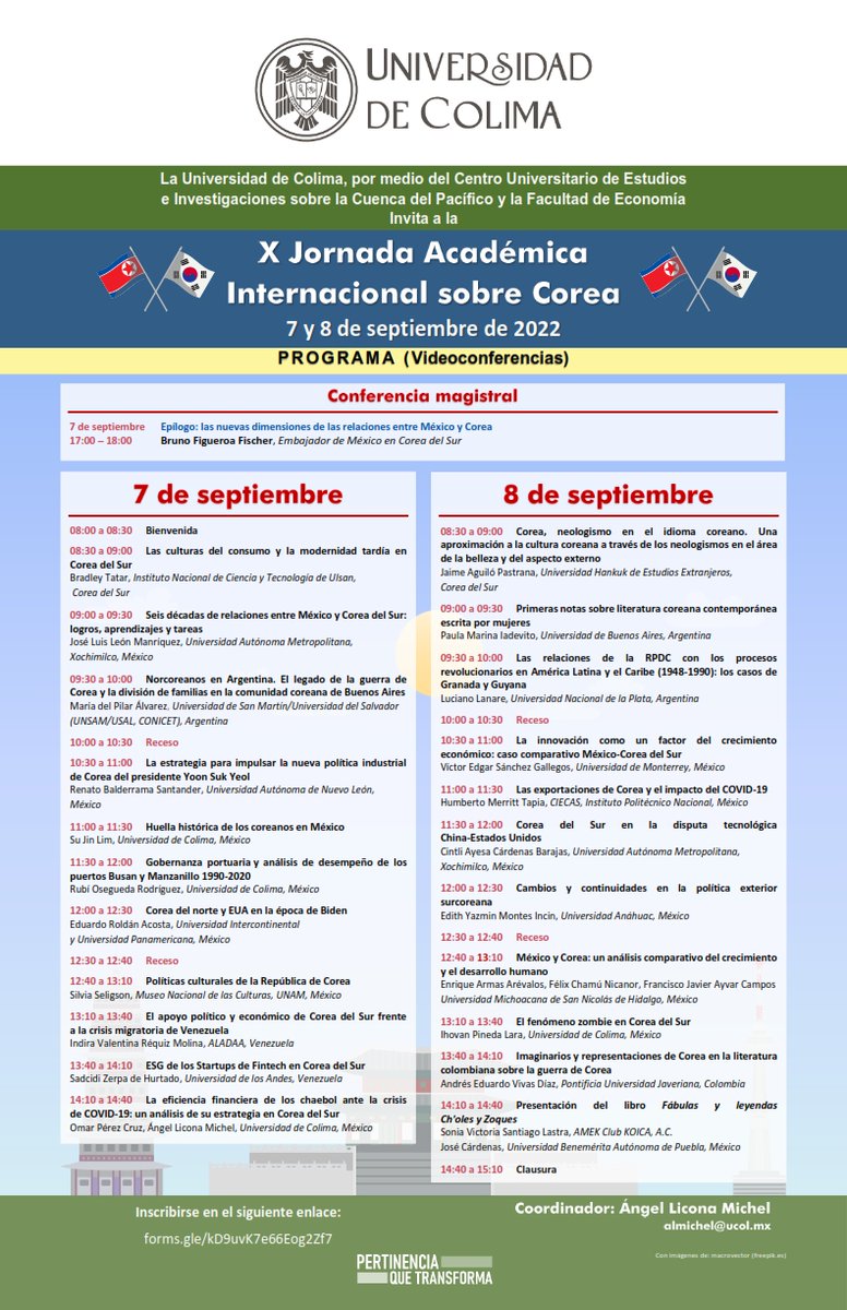 de_eurasia's tweet photo. Extendemos la cordial invitación para ver la X Jornada Académica Internacional sobre #Corea, los próximos días 7 y 8 de septiembre del presente año, y en la que participan integrantes del @de_eurasia. 

#Asia https://t.co/Xh3ifVNIQS
