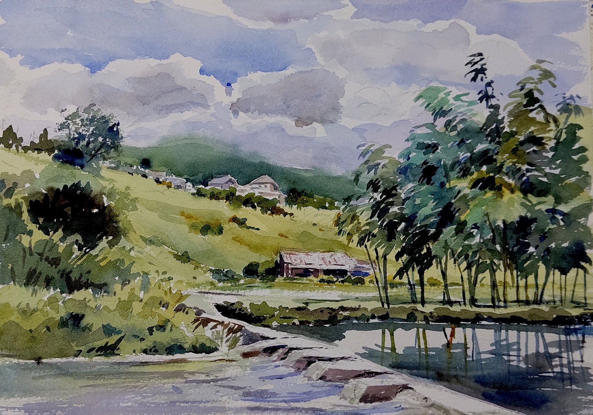 水彩画「川のある風景」 Hiro art