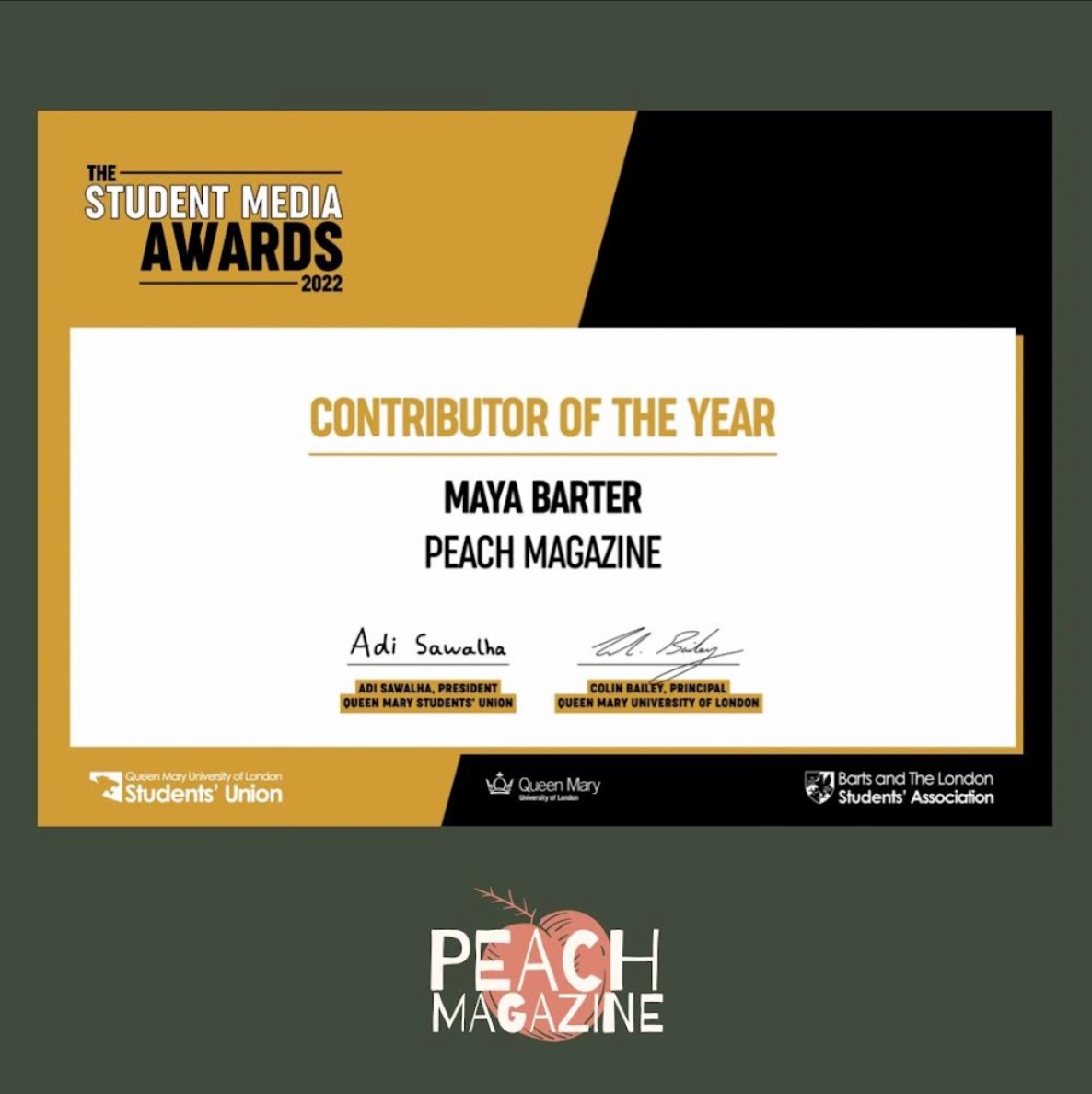 Congratulations to our 2021/2022 Editor in Chief, Maya Barter, for winning the Contributor of the Year Award 🍑