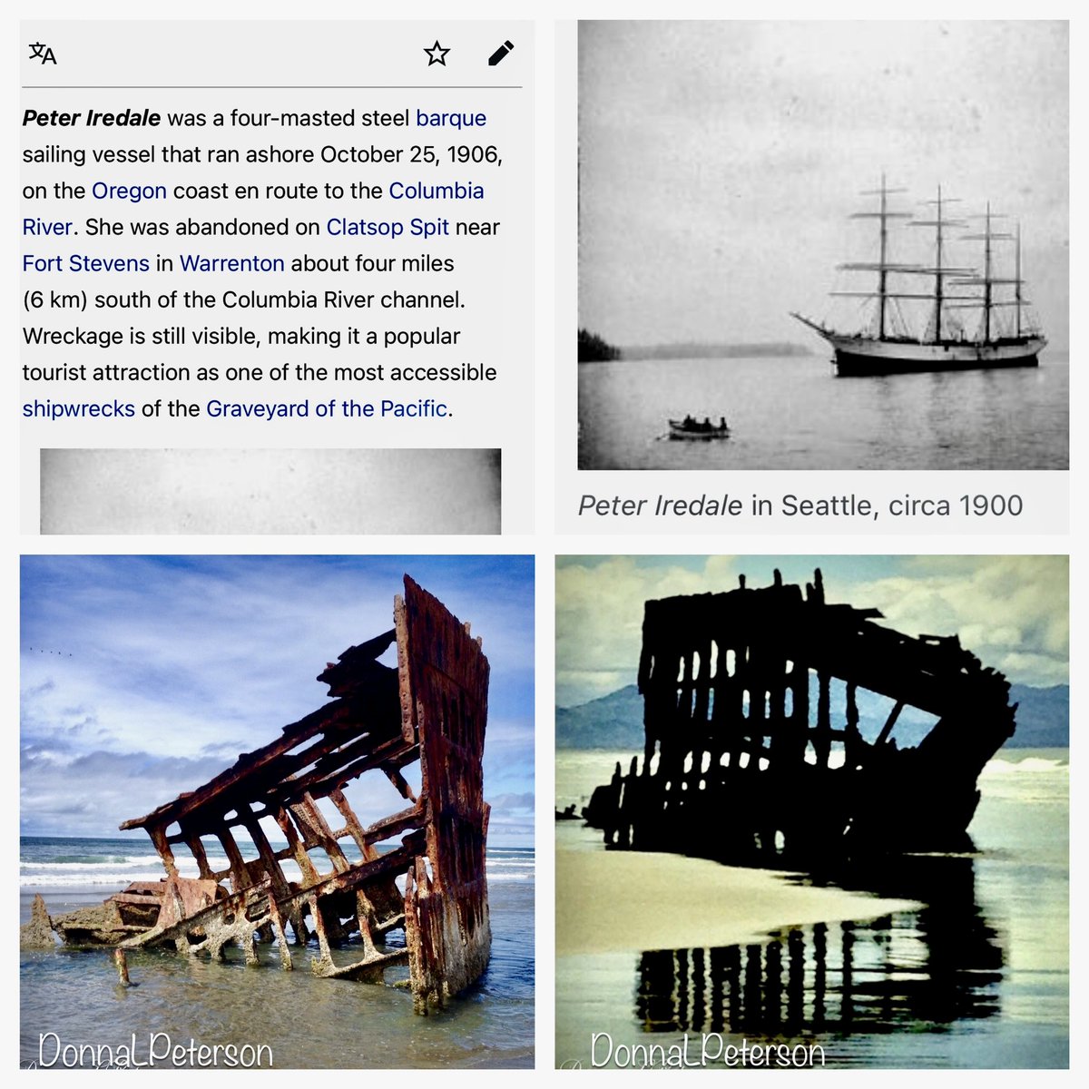 DonnaLPeterson1's tweet photo. I just had to share this fascinating info. on the #shipwreck I photographed below while visiting the #OregonCoast. Above my photos are the facts about the #PeterIredale and the photo of what the ship looked like 6 years prior to its wreck near the #ColumbiaRiver. https://t.co/it0E96FQJ5