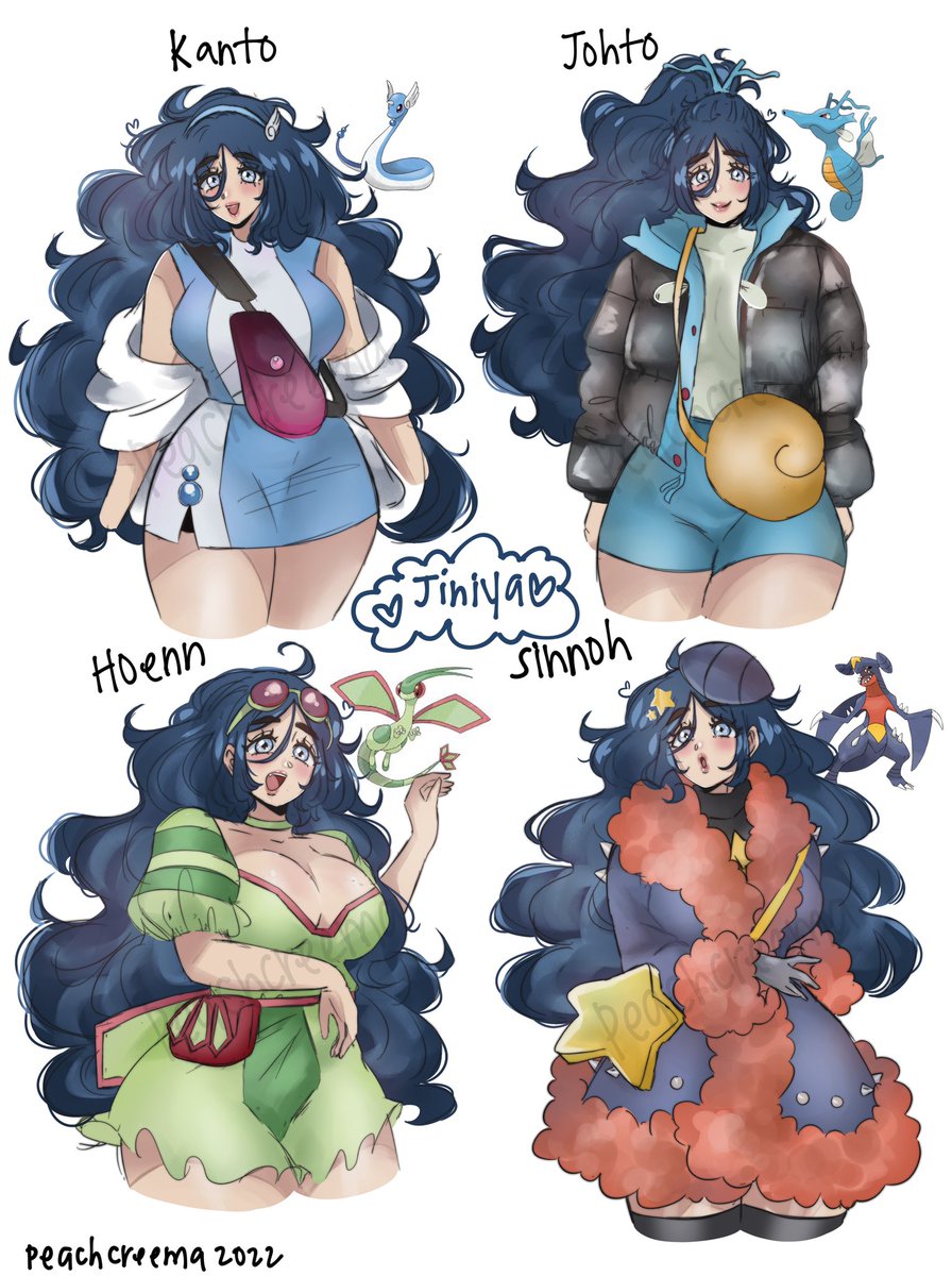 peachcreema's tweet photo. Jiniya outfits for the first 4 Pokémon regions !! Loosely Based off of dragon type Pokémon from each region!! https://t.co/WhO4wAPlfm