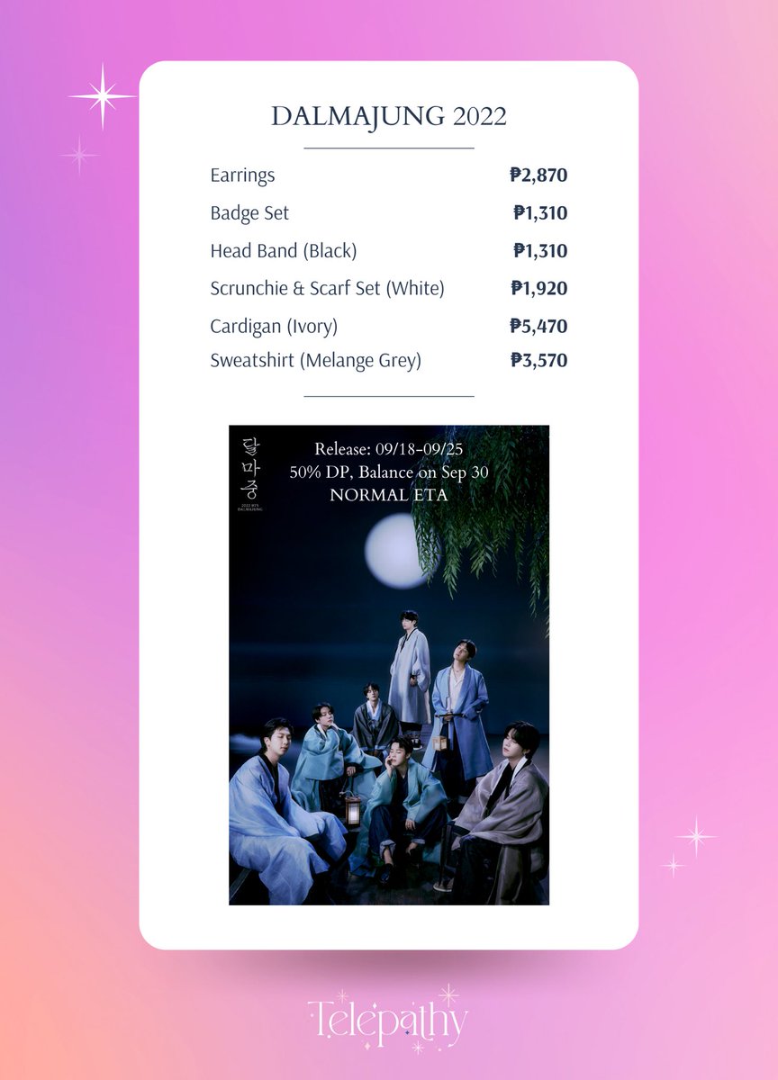 TelepathyShopPH's tweet photo. ✨BTS DALMAJUNG 2022✨
#TelepathyPHGO 

— see pricelist below 

✦ 50% DP, bal on Sep 30
✦ NORMAL ETA
✦ DOO: until OOS

💌 DM to order

🏷 wts lfb ph go pasabuy https://t.co/9OW4icWrjr