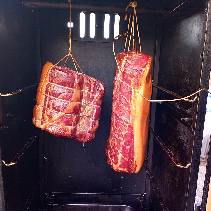 Cottage ham and pork loin are in the smoker. Looking perfect and it smells so good.