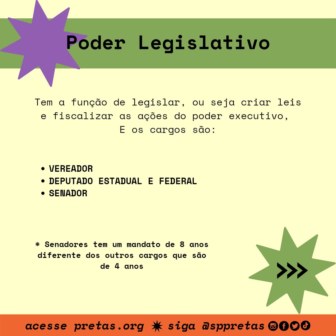 PolianaPretas's tweet photo. Para AQUILOMBAR a política, precisamos saber o que cobrar e de quem…E com as eleições chegando precisamos saber quais são os cargos e o que eles fazem.

Este ano vamos eleger:
Deputados Estaduais
Deputados Federais
Senadores
Governadores
Presidente

#PretasNoPoder #Pretas50900 https://t.co/SUNkL30clR