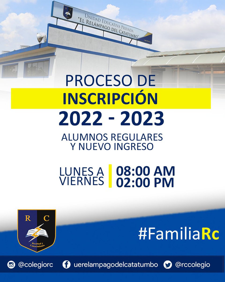 RcColegio's tweet photo. AVISO IMPORTANTE!
Estimadas familias RC, continuamos con el  proceso de inscripción y reinscripción para el año escolar 2022-2023. https://t.co/PKtV8ytmnG