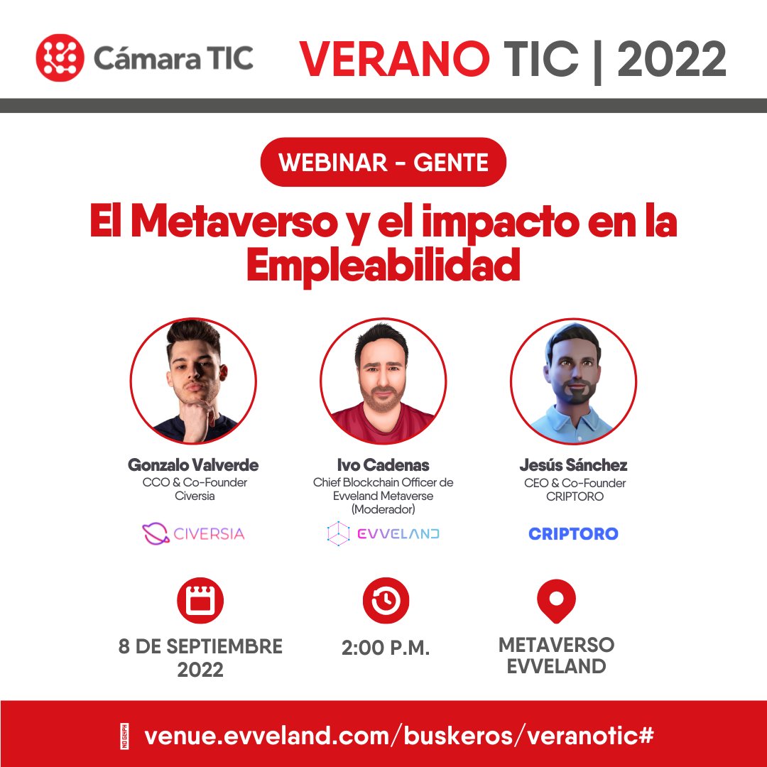 CamaraTIC_RD's tweet photo. Te invitamos al webinar 𝙀𝙡 𝙈𝙚𝙩𝙖𝙫𝙚𝙧𝙨𝙤 𝙮 𝙚𝙡 𝙞𝙢𝙥𝙖𝙘𝙩𝙤 𝙚𝙣 𝙡𝙖 𝙀𝙢𝙥𝙡𝙚𝙖𝙗𝙞𝙡𝙞𝙙𝙖𝙙 el próximo 8 de septiembre a las 2:00 de la tarde. Regístrate en el #Metaverso para participar https://t.co/t7CanYPpZR

#VeranoTIC #CámaraTIC https://t.co/HXhPkVLxHk