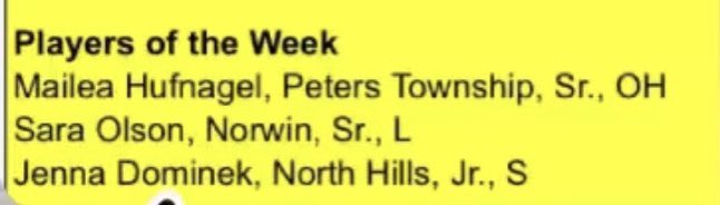 congrats to sara olson for making player of the week! we are all proud of you! very well deserved!!!