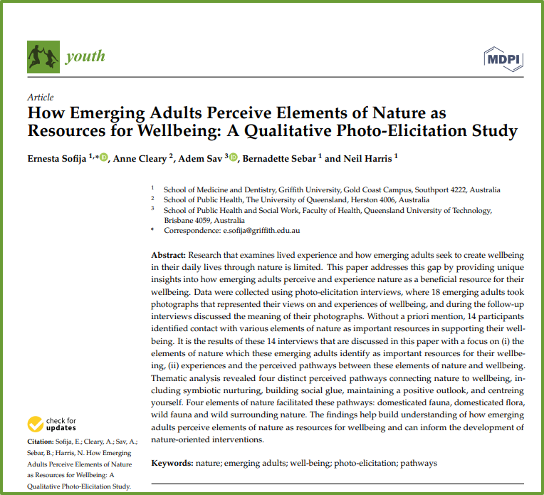 New paper explores how #youngpeople perceive &amp; experience #nature as a #wellbeing resource - analysis of qualitative data from photo-elicitation interviews identifies pathways of symbiotic nurturing, social bonding, positive outlooks &amp; centreing of self mdpi.com/2673-995X/2/3/…