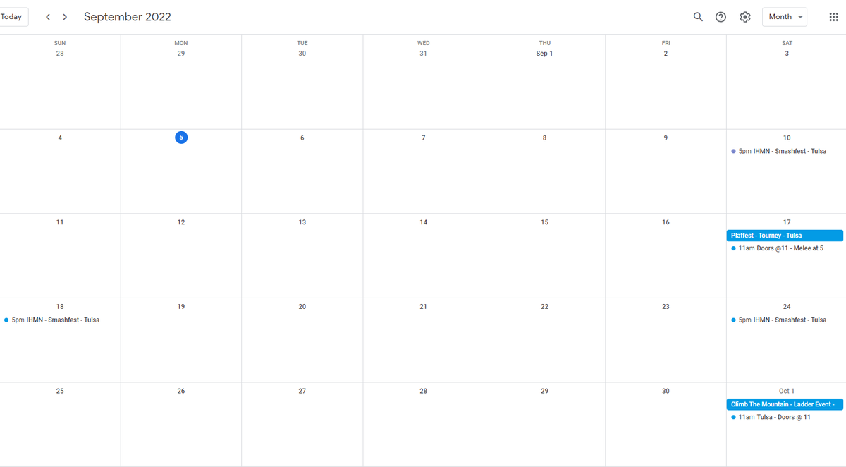 Oklahoma LAN Melee Calendar for September 2022:

Platfest 1 - Sep. 17 - Tulsa start.gg/tournament/pla…
Climb The Mountain 1 - Oct 1 - Tulsa start.gg/tournament/cli…
IHMN - Rotating Weekend Days - Tulsa start.gg/tournament/i-h…

Details Below: