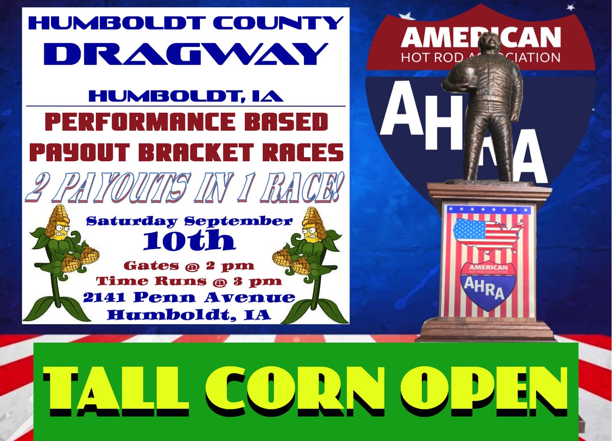AHRA_Dallas's tweet photo. TALL CORN OPEN! We are doubled up for AHRA Performance Based Payouts and should be close to $1100 ON TOP of the Tracks Payouts! If you have nothing to do this weekend, you DO NOW! We are gonna be there with the AHRA Tall Corn Trophy, Butter &amp; the Salt! See Ya Saturday! https://t.co/cNpLnDrTE8