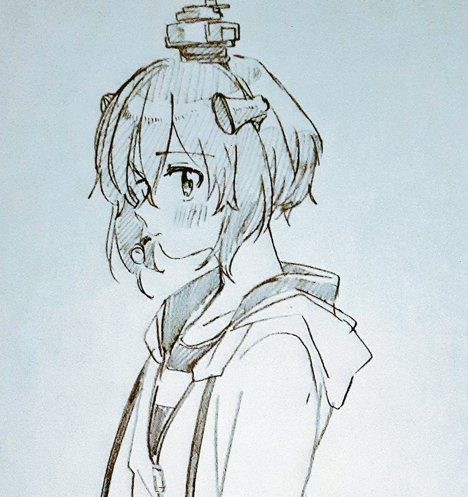 yukikaze (kancolle) 1girl solo speaking tube headset short hair hood hooded jacket monochrome  illustration images